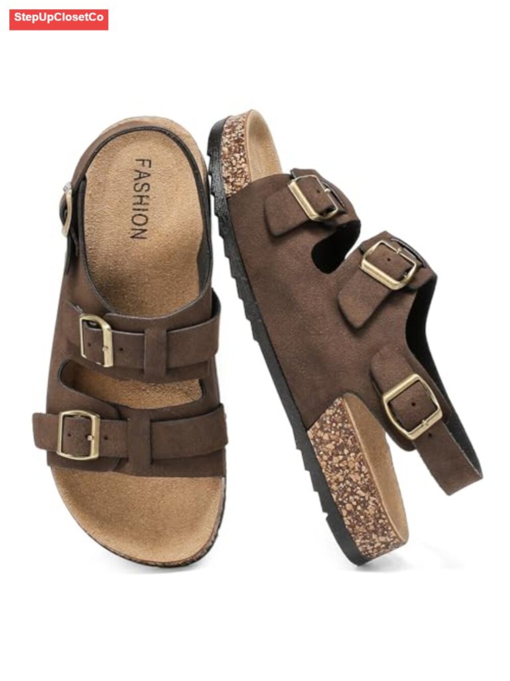 Cork Footbed Sandals with Back Strap Double Buckle Adjustable Ankle Strap Flat